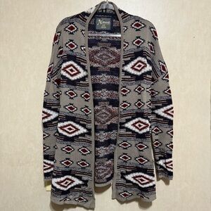 Natural Reflections Tan Aztec Print Long Open Front Cardigan Sweater